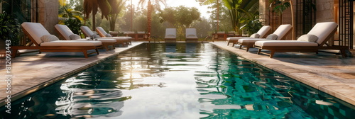 Luxury summer resort poolside with stylish loungers and tranquil water.