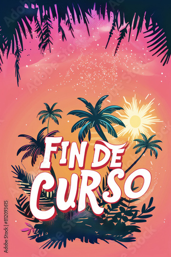 "Fin de curso", Spanish words meaning "end of term", over summer vegetation, bright sunshine and vivid colors. Illustration for banners, brochures, covers or posters. © aguadeluna