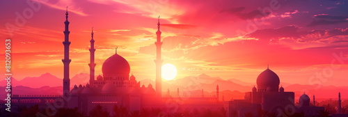 mosque at sunset, with minarets and domes adorned with Eid decorations.