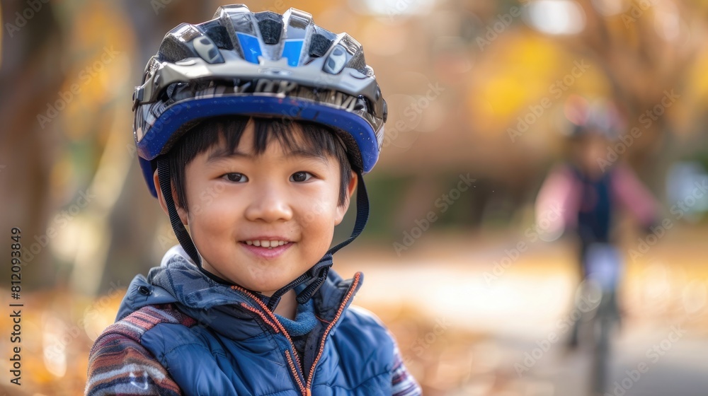 A charming portrait captures the essence of a 6 7 year old mixed race Asian Caucasian boy dressed in a bike helmet gazing at the camera with a cheerful smile Standing outdoors in the park d A charming portrait captures the essence of a 6 7 year old mixed race Asian Caucasian boy dressed in a bike helmet gazing at the camera with a cheerful smile Standing outdoors in the park d
