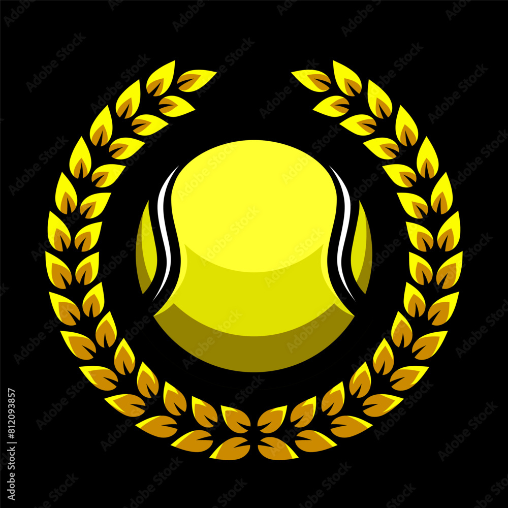 Tennis ball and laurel wreath. Sport games. Sporting equipment. Emblem, badge. Tennis ball and laurel wreath. Sport games. Sporting equipment. Emblem, badge.