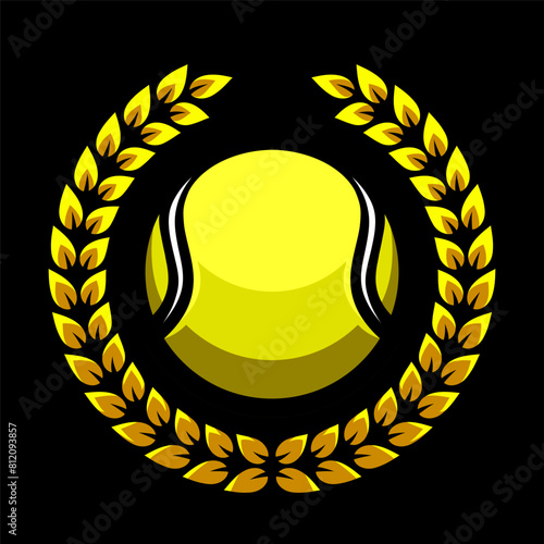 Tennis ball and laurel wreath. Sport games. Sporting equipment. Emblem, badge.