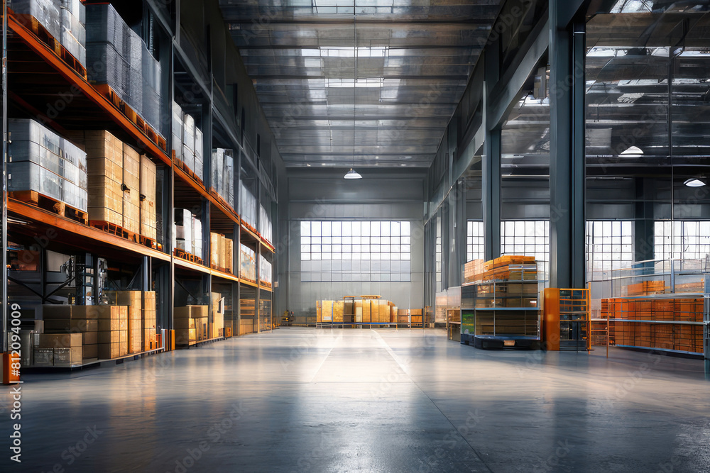 Modern warehouse interior with pallets and boxes. Modern warehouse interior with pallets and boxes.