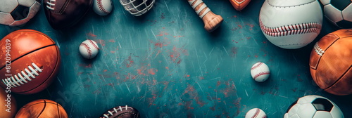 background with a variety of sports equipment such as football, baseball and soccer ball in honor of father athletes.
