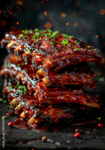 Tender smoked ribs with glistening barbecue sauce, transitioning to a smoky gray gradient.