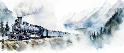 A beautiful watercolor of an old steam train chugging through a misty mountain landscape, isolated white background