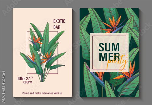 Tableau sur toile Set of tropical poster design with illustration of strelitzia plant