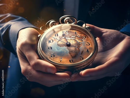 A creative depiction of the idea of fulltime availability, using a businessmans hand and a clock to convey the concept of nonstop service for customers worldwide photo