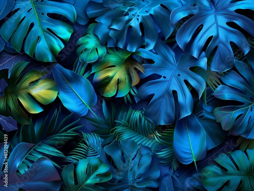 Blue and green neon lights illuminating tropical foliage, top view, sharp details , ultra-resolution