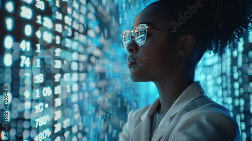 A woman wearing glasses is looking at a computer screen with a lot of numbers