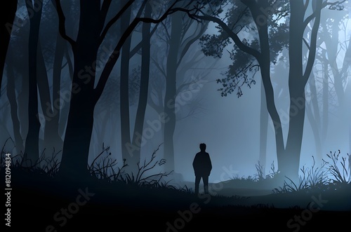 There is a shadowy silhouette against the background of a misty forest, with an eerie light filtering through the trees. illustration vector. Generative AI