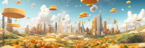 A futuristic cityscape crafted from Mac and Cheese towers, featuring flying taxis made of Fried Pickles, creating a playful and imaginative food graphic design photo