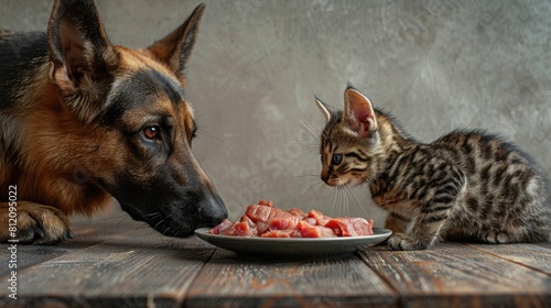 A German Shepherd and a Bengal cat side by side, sharing a meal of raw venison, highlighted against a soft grey backdrop © Татьяна Креминская