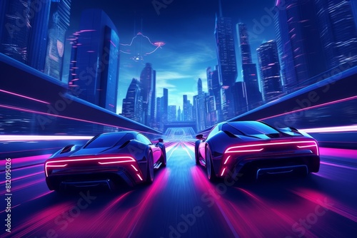A futuristic set of hovercars racing through a neonlit cityscape, captured in 3D on a solid color background photo