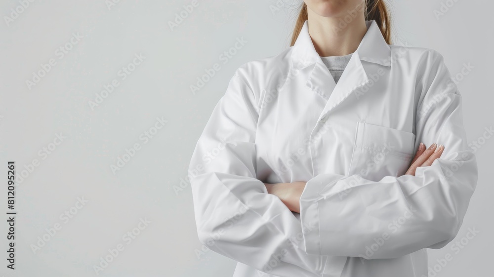 Professional medical personnel in a white gown, torso only visible, set against a stark white background for clarity Professional medical personnel in a white gown, torso only visible, set against a stark white background for clarity