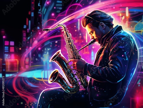 A jazz musician playing a saxophone that emits colorful digital notes in a smart city park