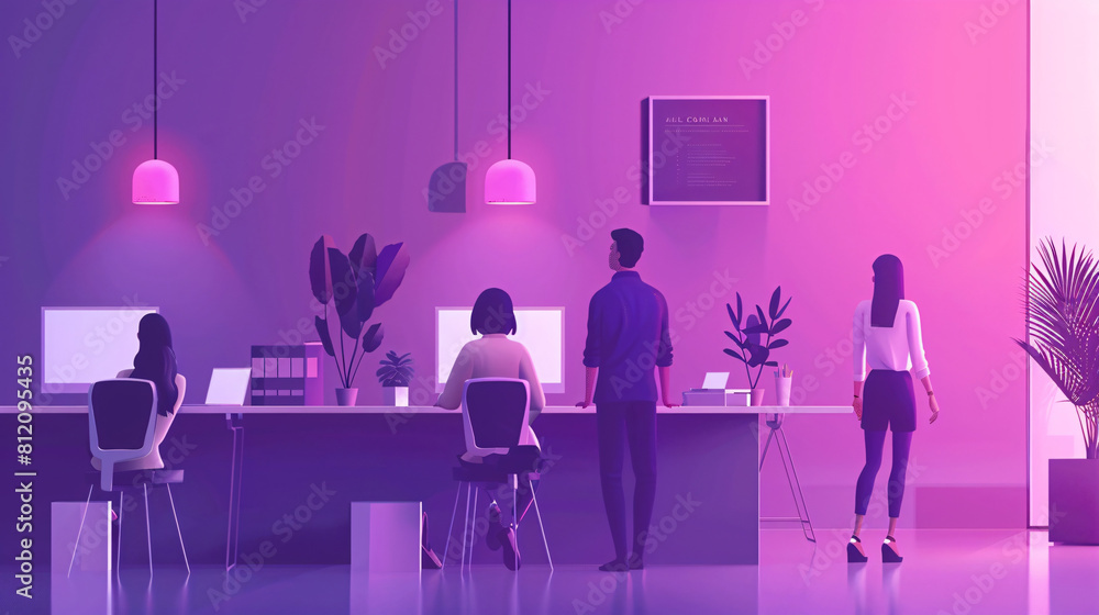 monotone purple illustration of people working in an office