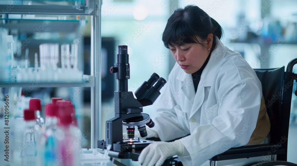 A woman in a lab coat is looking through a microscope A woman in a lab coat is looking through a microscope