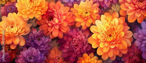 A watercolor backdrop bursts with the vibrancy of chrysanthemum blooms, their clusters of yellow, orange, red, and purple petals echoing the hues of autumn, infusing the scene with warmth and vitality