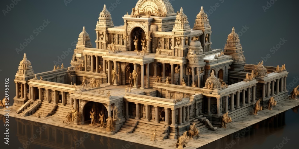 Fototapeta premium A small, intricate 3D model of an ancient temple complex, showcasing architectural marvels from a bygone era, isolated on a solid background
