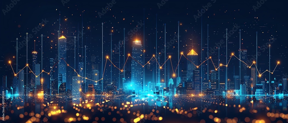 Urban skyline with glowing financial graphs, blue and gold The economic growth theme