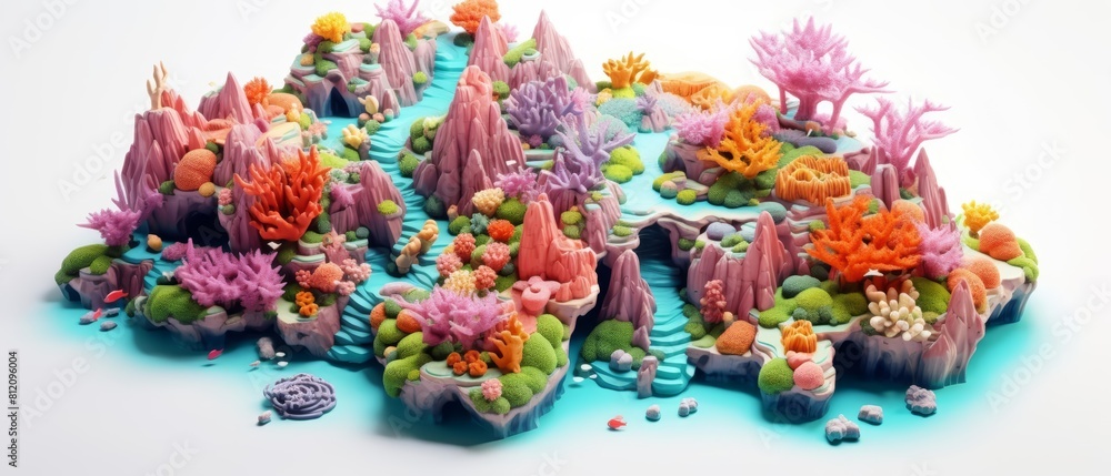 A tiny, beautiful isometric model of a colorful coral reef, teeming with diverse marine life, presented isolated on a white background A tiny, beautiful isometric model of a colorful coral reef, teeming with diverse marine life, presented isolated on a white background
