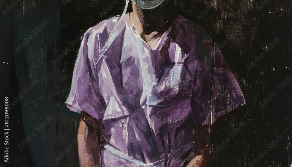 Fototapeta premium Patient in a light purple hospital gown, torso only visible, highlighted against a contrasting dark background to draw attention to the garment