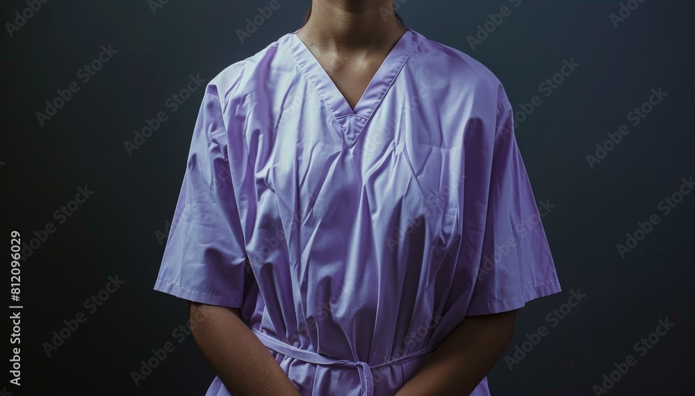 Patient in a light purple hospital gown, torso only visible, highlighted against a contrasting dark background to draw attention to the garment