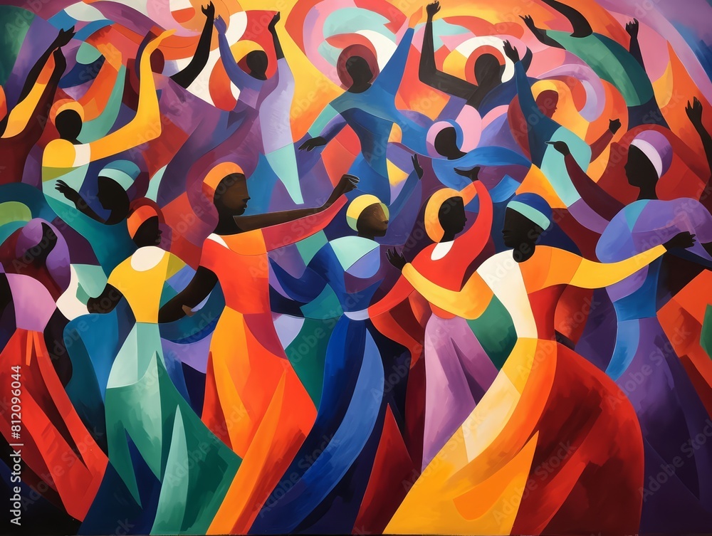 A vibrant tableau of colorful wooden figures dancing at a festival A vibrant tableau of colorful wooden figures dancing at a festival