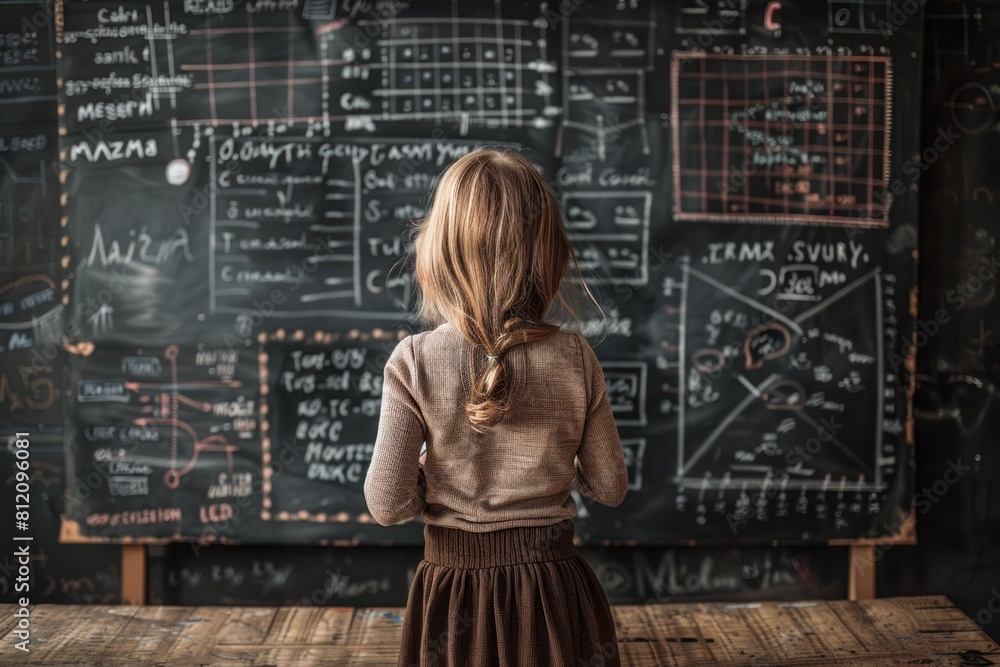 A little student stands with her back to the viewer in a school classroom and looks at a school board with formulas and tables drawn on it. A little student stands with her back to the viewer in a school classroom and looks at a school board with formulas and tables drawn on it.