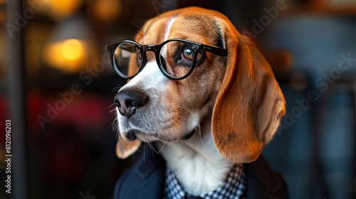 Beagle dog wearing glasses and black suit. Studio pet portrait with bokeh background. Intellectual and business concept. Design for poster, greeting card. © Alex