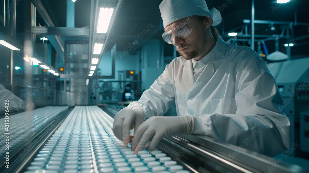 A person is holding a blue bottle in a factory A person is holding a blue bottle in a factory