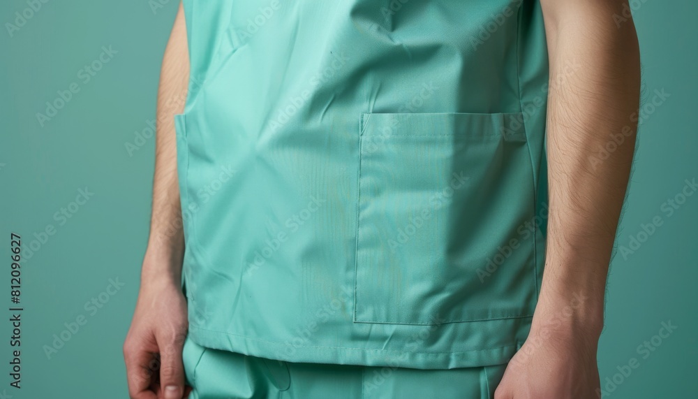 Medical staffs torso in mint green scrubs, no other elements visible, ideal for medical and healthcare training materials Medical staffs torso in mint green scrubs, no other elements visible, ideal for medical and healthcare training materials