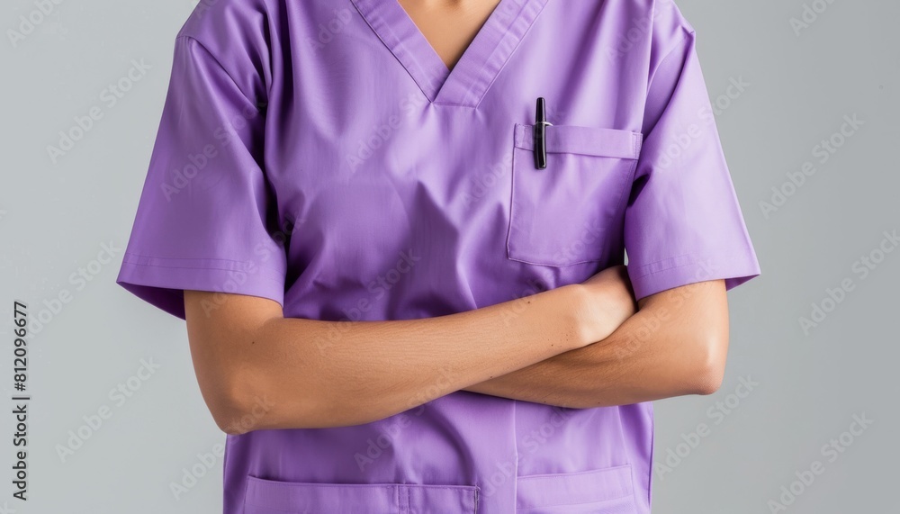 Medical staffs torso in light purple scrubs, presented without any distractions, ideal for healthcare educational materials Medical staffs torso in light purple scrubs, presented without any distractions, ideal for healthcare educational materials