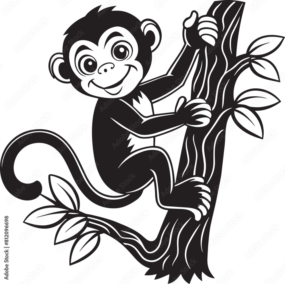 Black and White Cartoon Illustration of Cute Monkey on Tree for Coloring Book Black and White Cartoon Illustration of Cute Monkey on Tree for Coloring Book