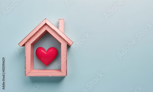 A metal house-shaped frame with a pink heart inside, on a white background