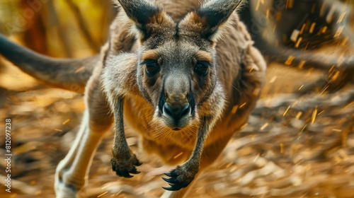 Kangaroo is jumping in the middle of the forest. photo