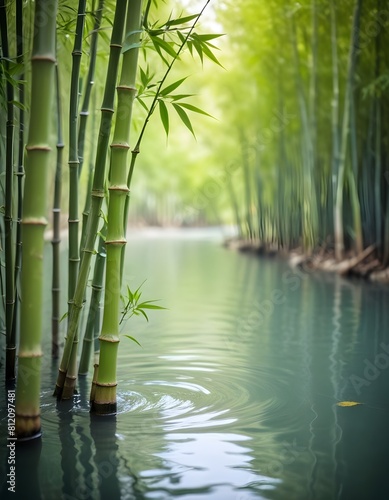 Green bamboo stalks with leaves reflected in a calm pond   surrounded by a blurred natural background