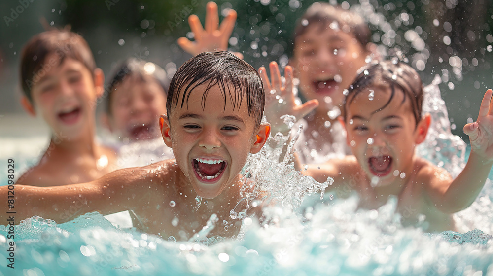 Kids splashing in a pool, their joy evident in the spray of water and the gleeful expressions on their faces. Dynamic and dramatic composition, with copy space