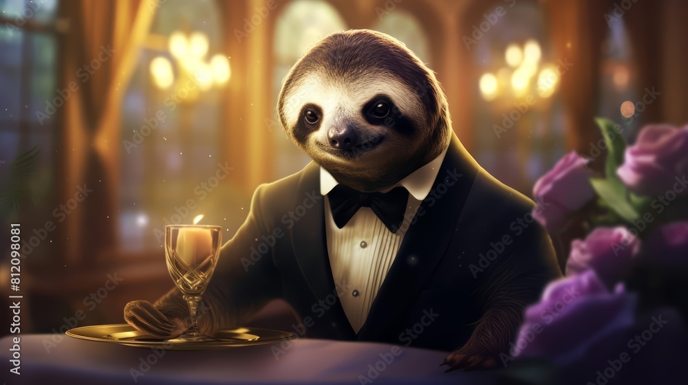 Fototapeta premium Creative charismatic of a sloth wearing a sleek, tailored tuxedo, attending a posh gala in an opulent mansion, half body with a blur background