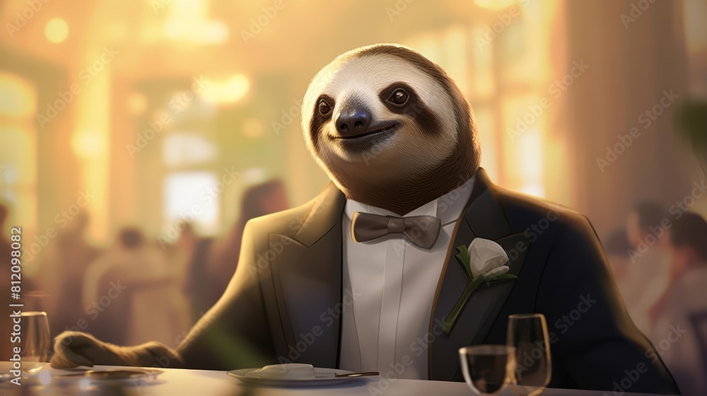Fototapeta premium Creative charismatic of a sloth wearing a sleek, tailored tuxedo, attending a posh gala in an opulent mansion, half body with a blur background