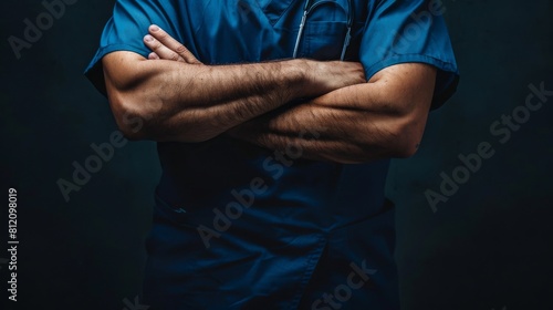 Highresolution image of a healthcare workers torso, wearing navy blue scrubs, emphasizing functionality and professionalism