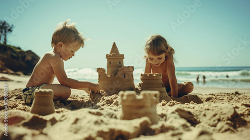 Children building sandcastles together on a beach, their imaginations running wild as they sculpt towers and moats. Dynamic and dramatic composition, with copy space photo
