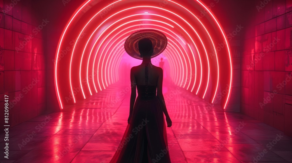The photo shows a woman in a red dress walking down a red-lit tunnel. She is wearing a hat and carrying a suitcase. The photo shows a woman in a red dress walking down a red-lit tunnel. She is wearing a hat and carrying a suitcase.