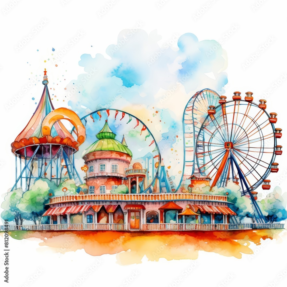 Cute watercolor of a lively amusement park, with roller coasters and ferris wheels under a sunny sky, in kid styles, clipart watercolor on white background Cute watercolor of a lively amusement park, with roller coasters and ferris wheels under a sunny sky, in kid styles, clipart watercolor on white background