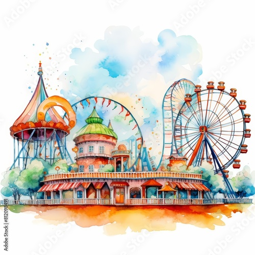 Cute watercolor of a lively amusement park, with roller coasters and ferris wheels under a sunny sky, in kid styles, clipart watercolor on white background