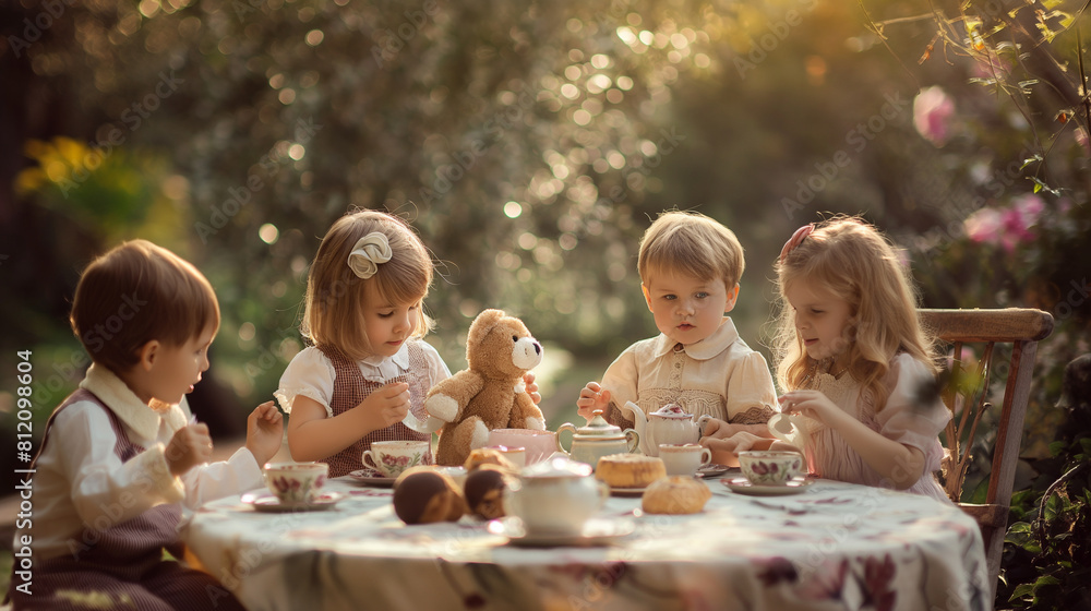 Children having a tea party with stuffed animals in a garden, their ...
