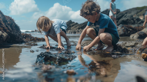 Kids exploring tide pools at the beach, their curiosity leading them to discover fascinating creatures beneath the surface. Dynamic and dramatic composition, with copy space