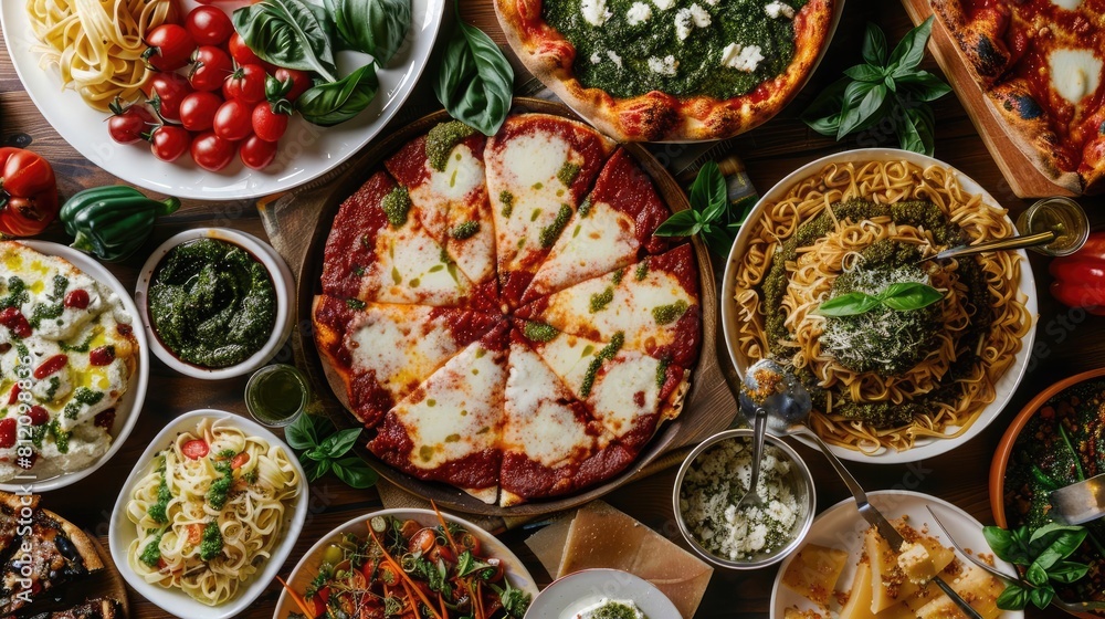Fototapeta premium A colorful display of Italian flaginspired dishes like Margherita pizza, pesto pasta, and tiramisu