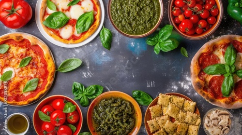 A colorful display of Italian flaginspired dishes like Margherita pizza  pesto pasta  and tiramisu